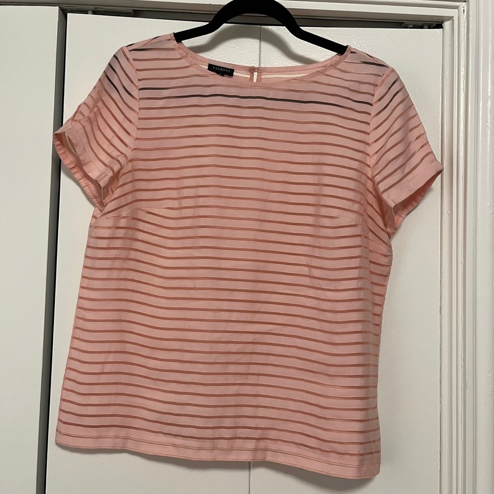 Talbots Sheer Stripe‎ Blouse Semi-Sheer Top Short Sleeve Pink Size 8